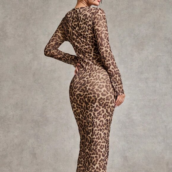 Multicolor Elegant Women's Leopard Print Side Pleated Long Sleeve Dress - Picture 2 of 7